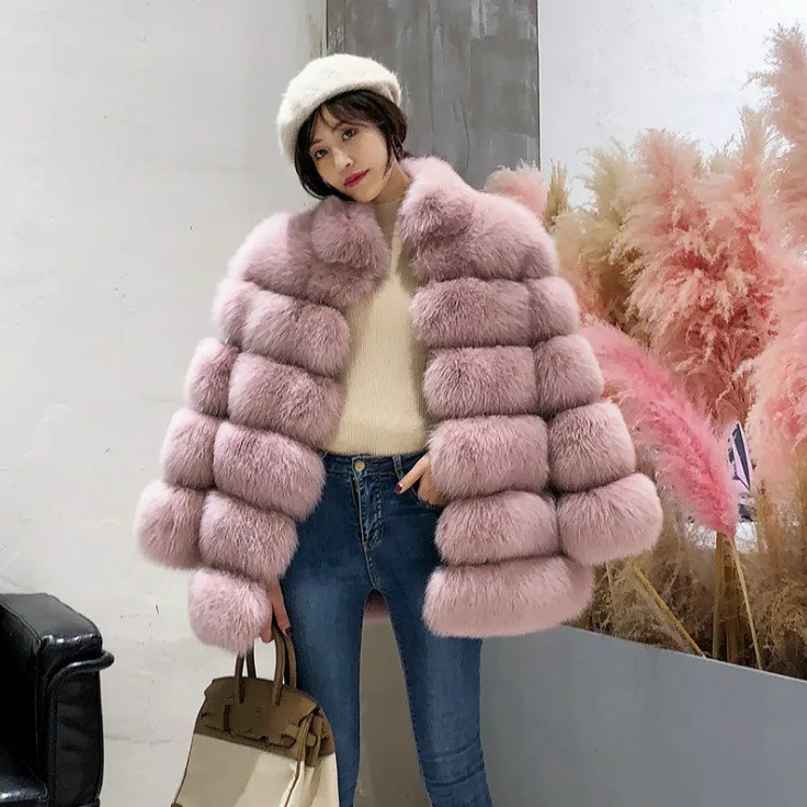 Medium Long Fake Fox Fur Jacket Women Warm Winter Furry Outwear  3XL Long Sleeve Stand Collar Jacket Female Fur Coats