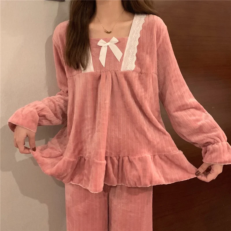 

Fleece Thick Flannel Long sleeve Pajamas Suit Women's Winter 2021 New Cute Home Service Two-piece Suit Sleepwear Kawaii Pajama