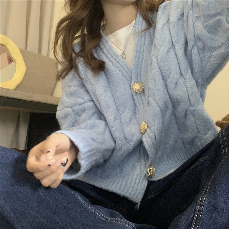 

Winter Clothes Women V-neck Single-breasted Solid Sweater Cardigan Korean Fashion Jersey Mujer Simplicity Female Coat Casual