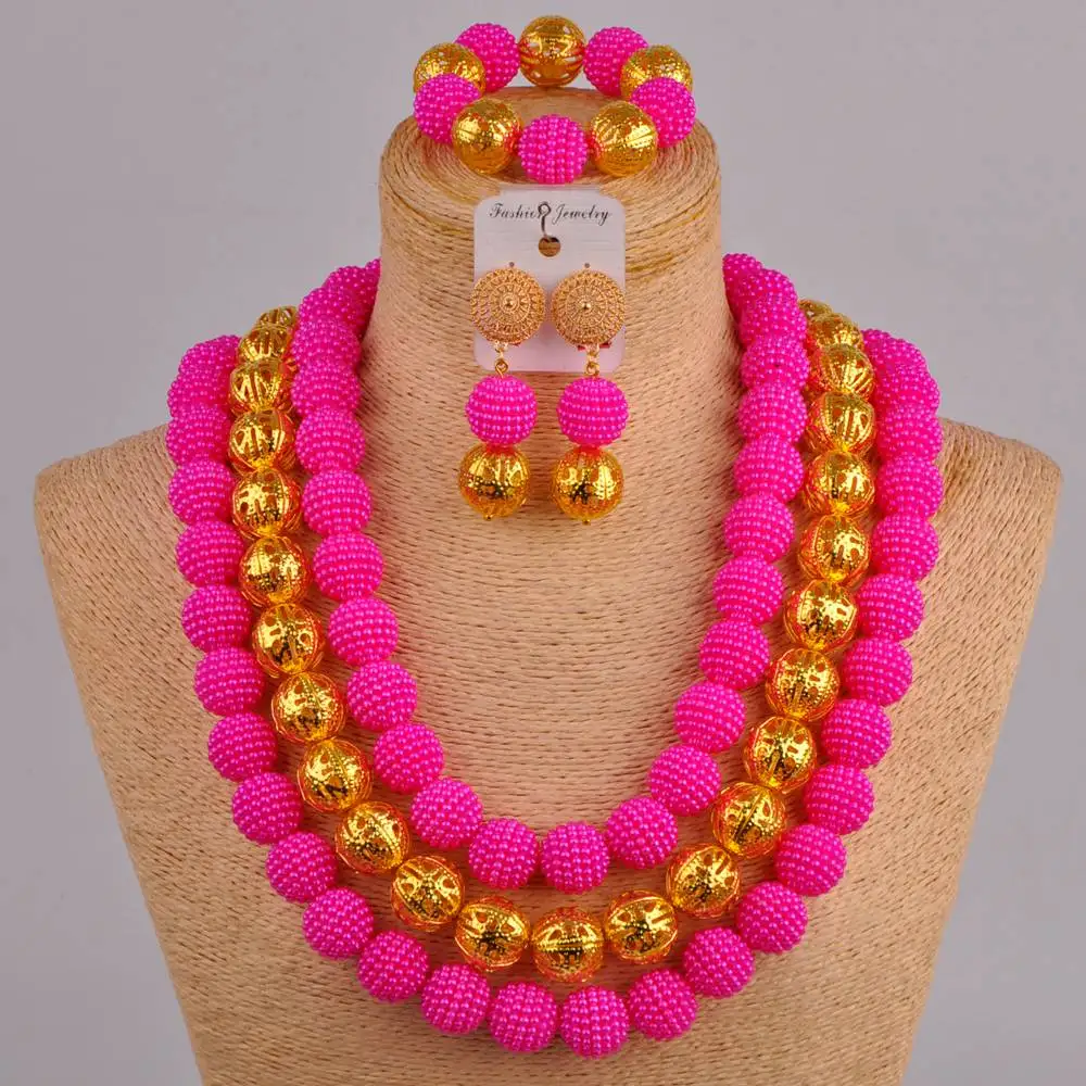 

fuchsia pink 24 inches necklace costume african jewelry sets simulated pearl nigerian wedding beads jewelry set FZZ68