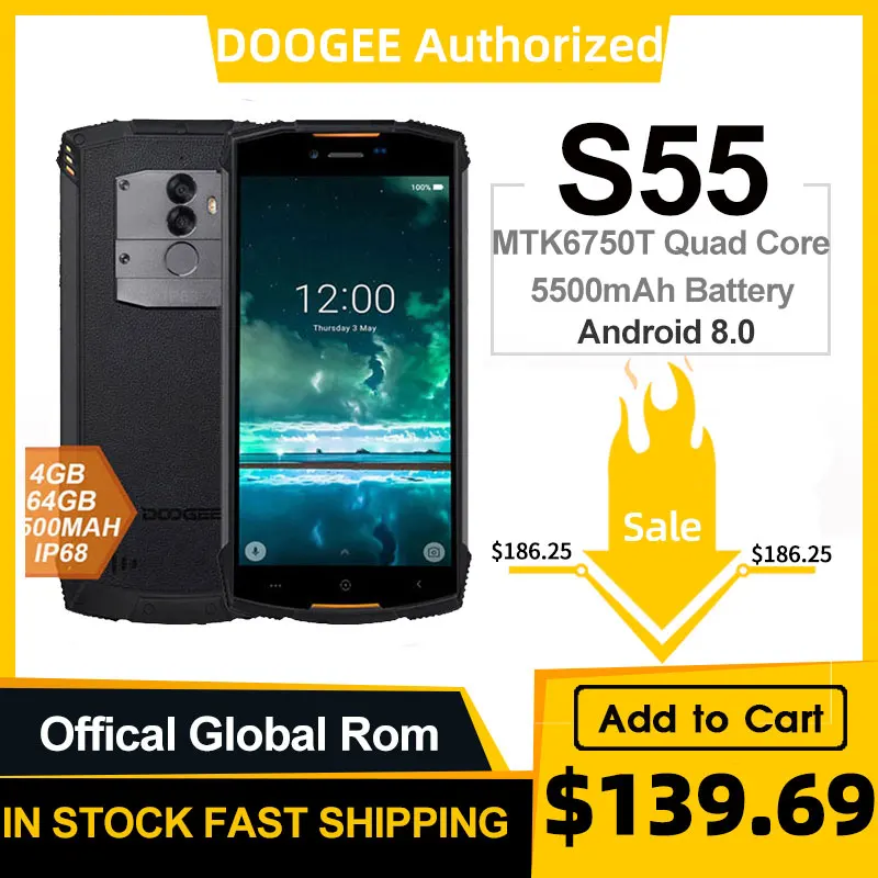 Защищенный от непогоды смартфон DOOGEE S55 MTK6750T восемь ядер 4 ГБ ОЗУ 64 ПЗУ 5500 мАч 5