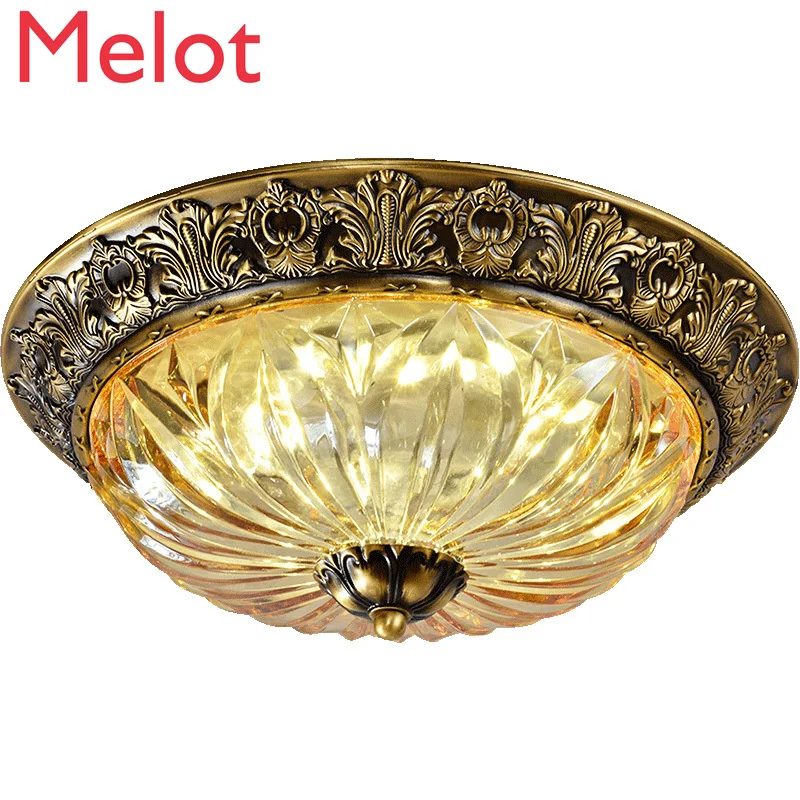 

European Style Copper Round Bedroom Ceiling Lamp Corridor Balcony Luxury French American Crystal Lamps