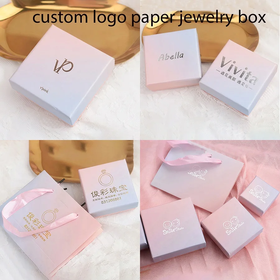 

Custom Logo Pink Gradient Blue Jewelry Packaging Paper Box Bag Set Necklace Ring Earrings Bracelet Storage Boxes Gift Wedding