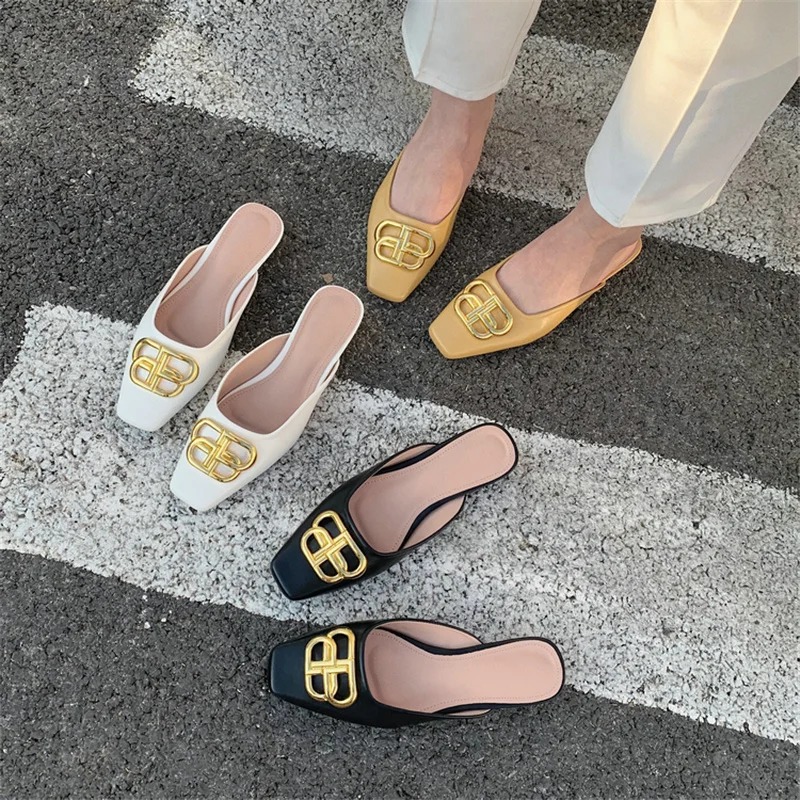 

Fashion Baotou half slippers flat bottom women's outer wear 2021 early spring new metal buckle square head Muller lazy slippers