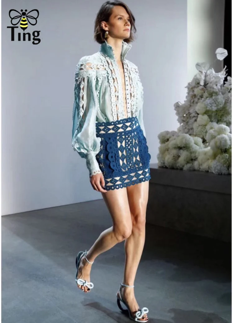 Tingfly Designer Runway Stand Open Collar Rivet Blouse Women Casual Full Lantern Sleeve Hollow Cut Out Shirt TopS Female Shirt