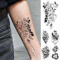 waterproof temporary tattoo sticker black line flower rose peony sunflower henna flash tatto women men wrist body art fake tatoo