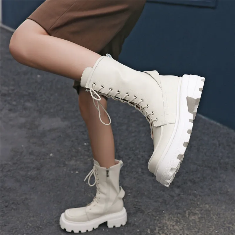 

MoonMeek 2020 Genuine leather boots thick high heels square toe autumn winter ladies shoes fashion lace up ankle boots for woman