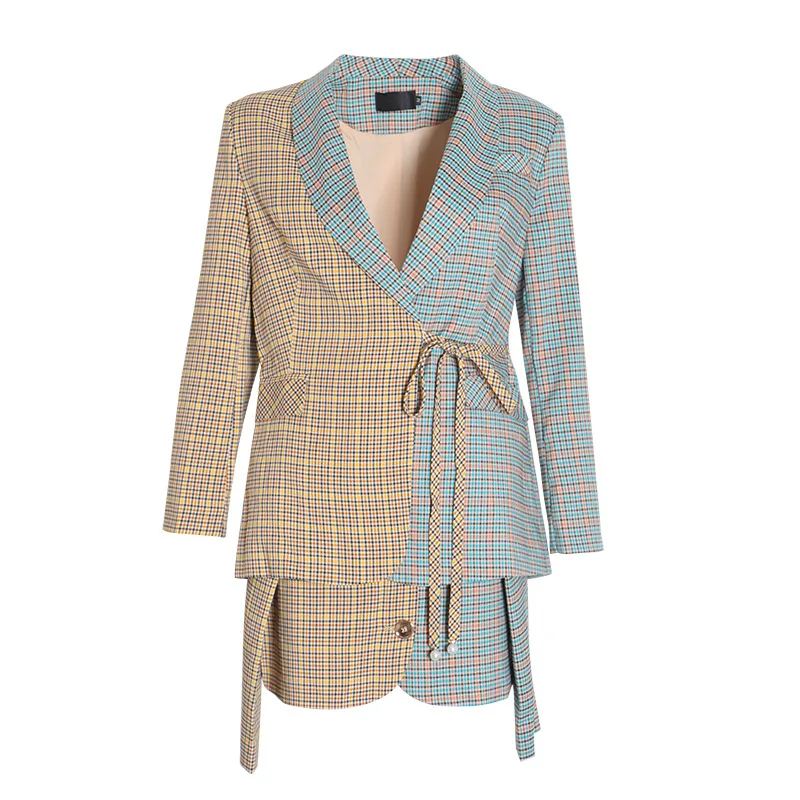 

Fashion casual contrast stitching plaid lace-up small suit high waist skirt Outfits