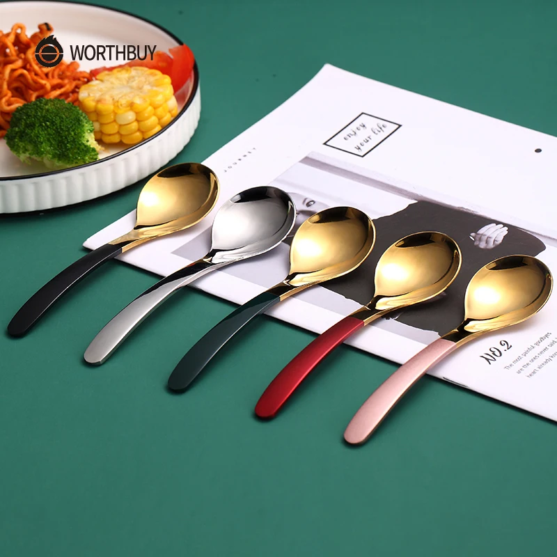

WORTHBUY Colorful Gold Soup Spoon 304 Stainless Steel Dinner Spoon For Kids Dessert Spoon Coffee Scoop Kitchen Accessories Tools