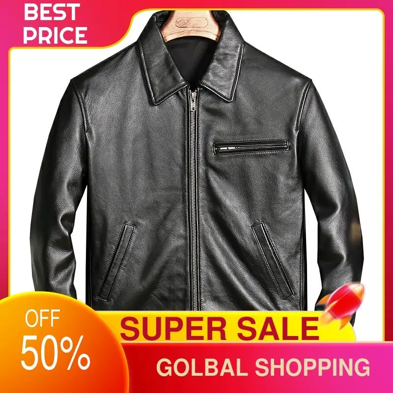 

2021 Black Casual Style Genuine Leather Jacket Men Plus Size 4XL Real Natural Cowhide Slim Fit Autumn Coat HOT SALE