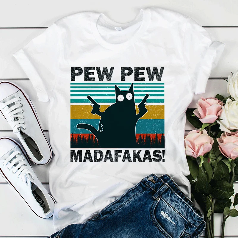 Женская футболка с принтом Pew Madafakas забавная желтая черная кошка убийца