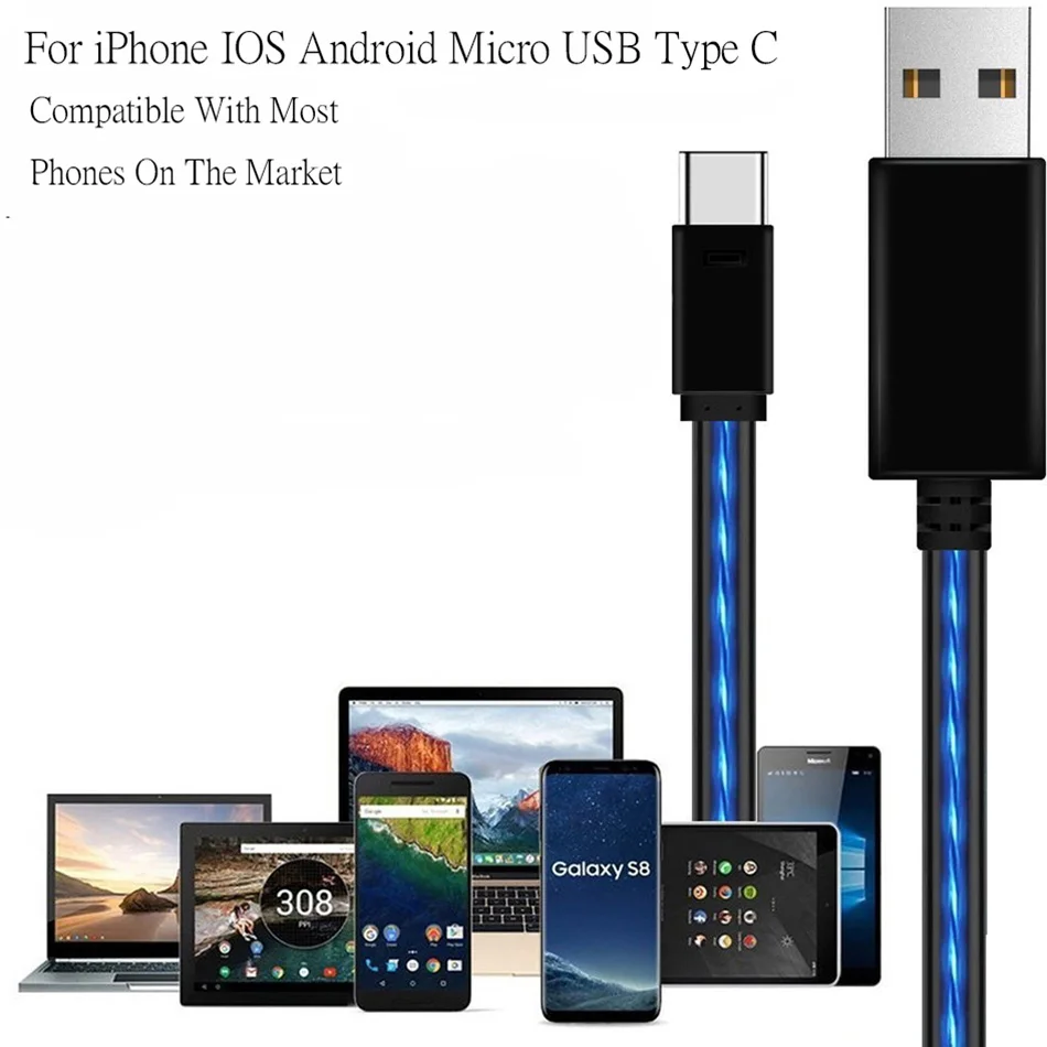 USB C кабель для быстрой зарядки для iPhone samsung huawei Micro usb type C светодиодный светящийся зарядный кабель провод для зарядки мобильного телефона
