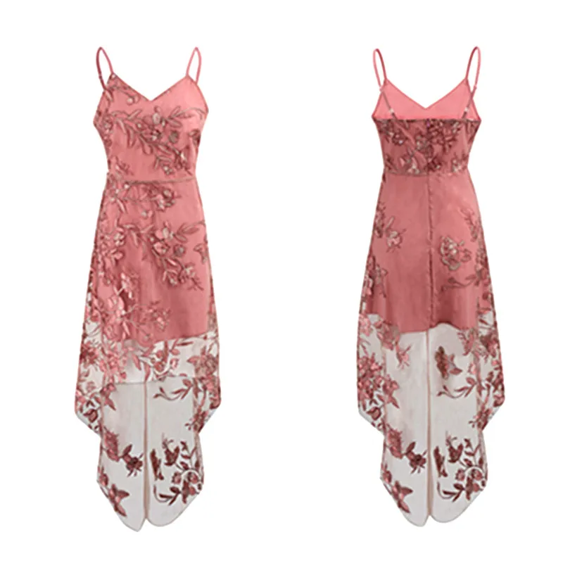 Летнее вышитое женское платье с v образным вырезом на тонких бретельках Сетчатое