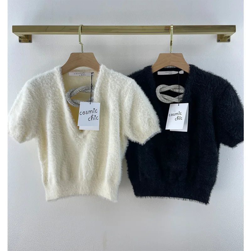 

Женские короткие трикотажные пуловеры, подиумный облегающий джемпер с коротким рукавом и V-образным вырезом, обтягивающий облегающий тонки...