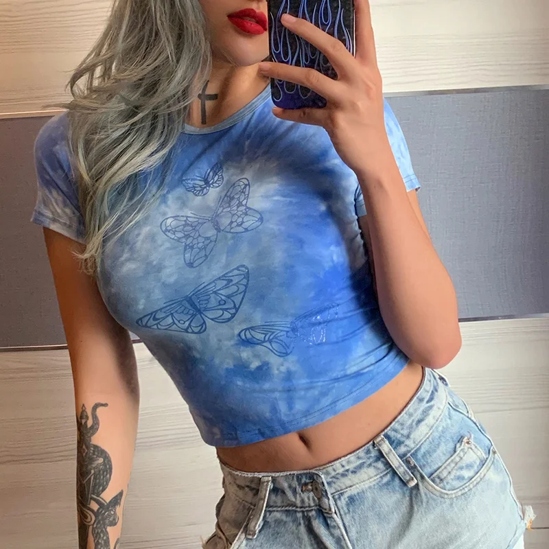 

ZOVSV Tie Dye Butterfly Print Cropped Tshirt Women Casual Summer Short Sleeve T Shirt Ladies Basic Y2K 90s Green Tee Shirts