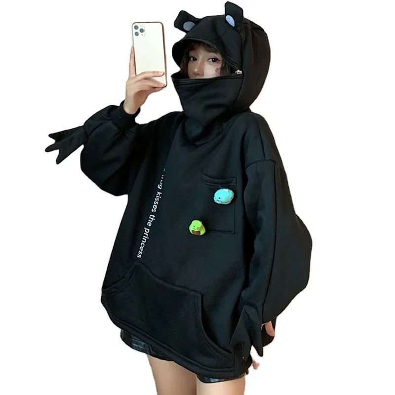 

Hoodies Women Autumn/Winter 2021 Korean Couple Wear Frog Pullover Hooded Plus Velvet Thick Clothes Zipper Jacket T218