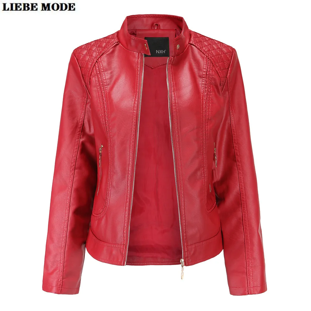 Ladies Motorcycle Biker Stand Collar Faux Leather Jacket Coat Khaki Brown Grey Red Bomber Pu Jackets for Women Slim Fit Outwear