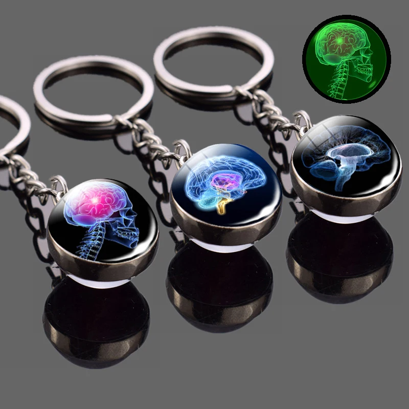 

Trendy Luminous Keychain Boho Long Chains Pendant Glass Ball Keychains Keyrings for Women Men Gift Brain Photo Glow in the Dark