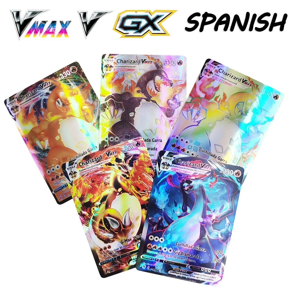 

Новые блестящие карты Pokemon в испанском стиле Charizard GX VMAX, тренер энергии, Лидер продаж, голографические игральные карты, игра, детская игрушка