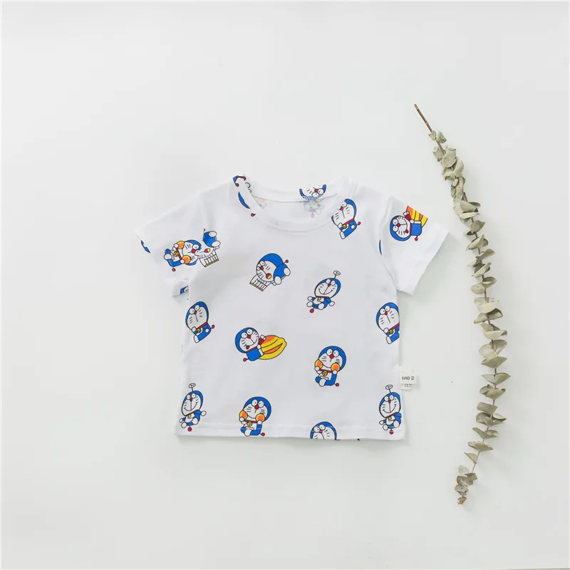 KIKIKIDS/Летняя футболка с героями мультфильмов для малышей Топы с короткими рукавами для маленьких мальчиков и девочек, Doraemon, Детская летняя одежда в Корейском стиле футболки с героями мультфильмов