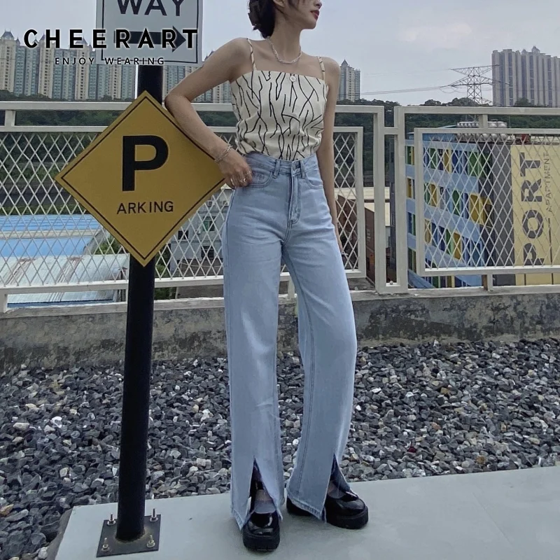 

Женские расклешенные джинсы CHEERART, джинсовые брюки с высокой талией, синие, черные потертые джинсы, модные штаны, Корейская одежда для женщин