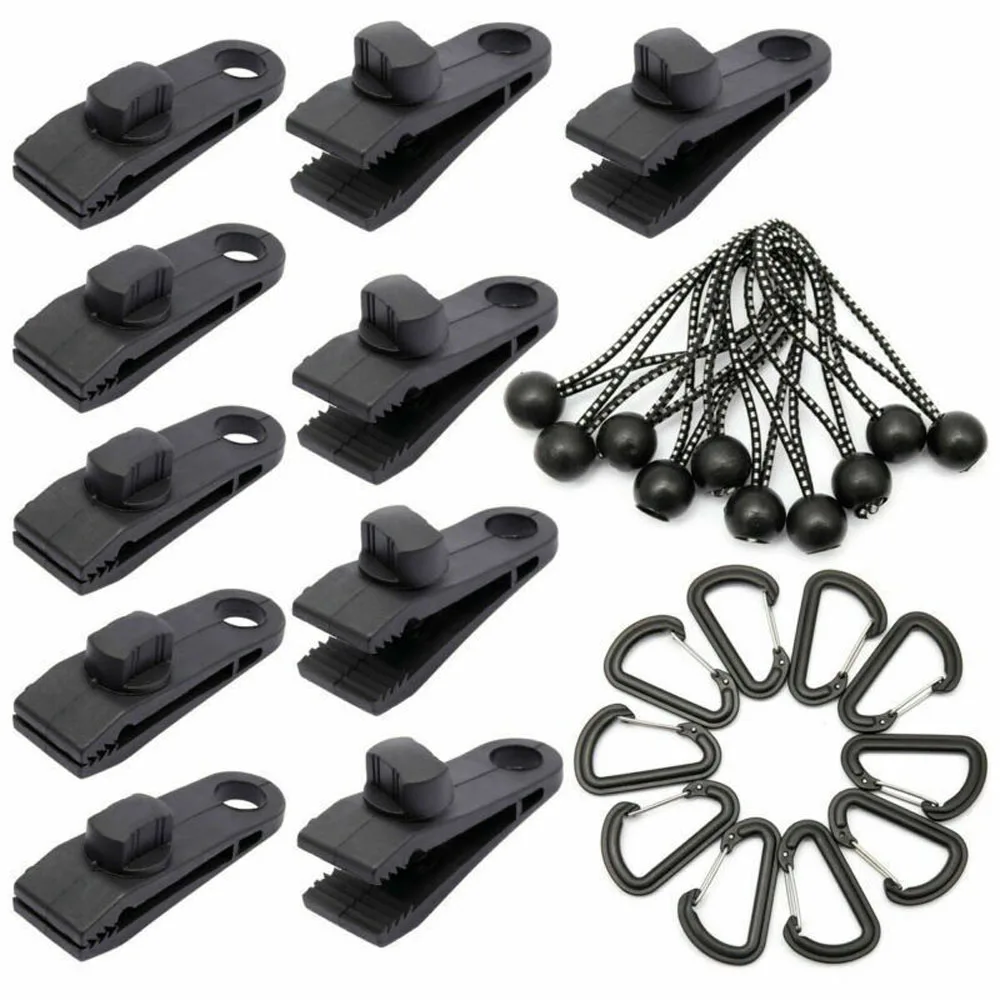 

30Pcs Tarp Clips Heavy Duty Lock Grip Tent Fasteners Clamps with Bungee Ball Cords Carabiners Tarps Awnings Caravan Canopies