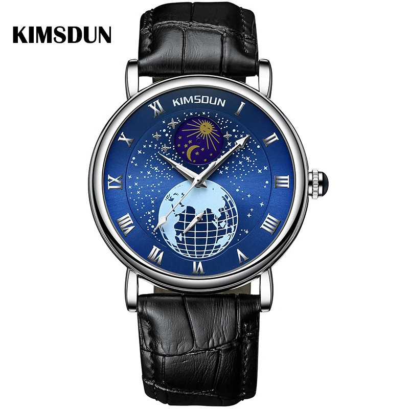 

New KIMSDUN brand luminous starry sky moon phase automatic mechanical watch leather men's business waterproof