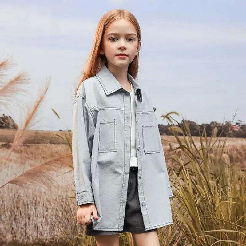 

Lovely Girls Denim Shirts Long Style Single Breasted Blouse For Children Autumn Spring Fashion Casual Tops Clothes Kids Teens