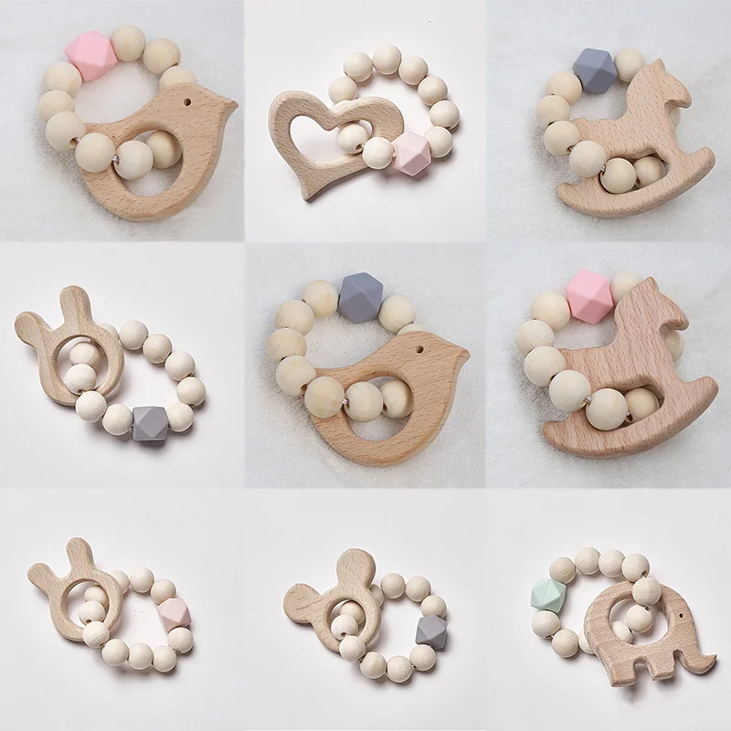 Let's Make 1PC Wooden Teether Hedgehog Crochet Beads Wood Crafts Ring Engraved Bead Baby Teether Wooden Toys For Baby Rattle