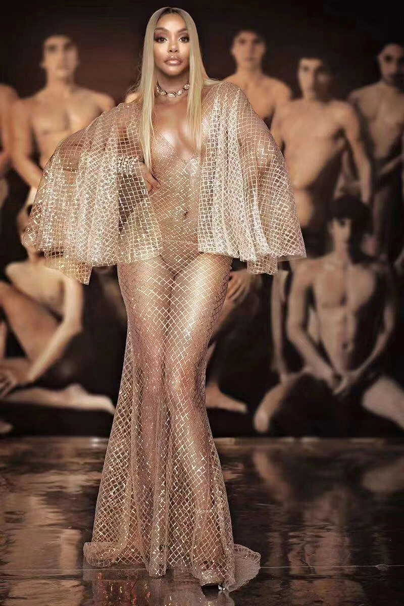 

Mesh See Through Long Dress Women Cloak Sleeve Transparent Dresses Nightclub Singer Dancer Performance Stage Wear Outfit