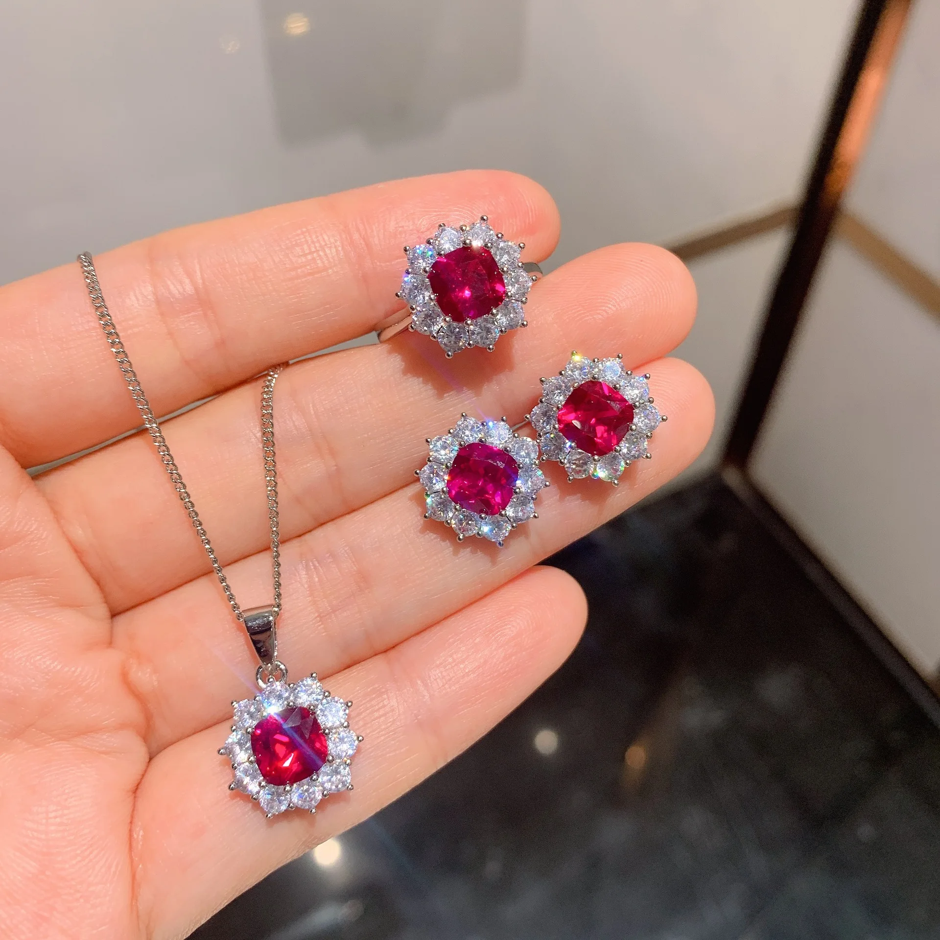 

Silver Color 925 Ruby 4 Pcs Jewelry Set Earrings Rings Necklaces Set for Women Wedding Engagement Part Bridal Fine Jewelry Gift