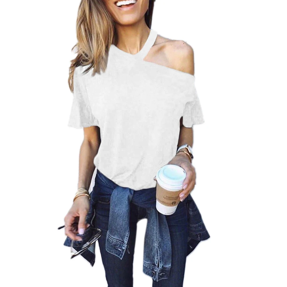 Сексуальная Женская футболка с одним плечом однотонные свободные летние