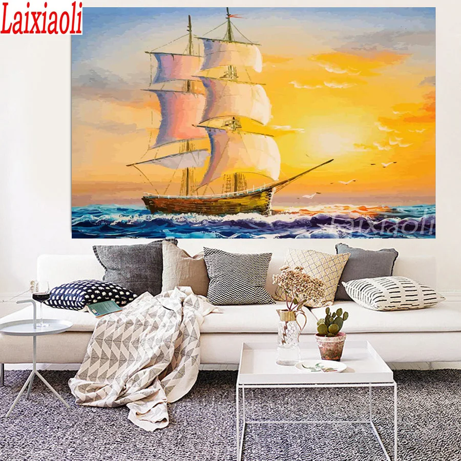 

Картина для алмазной вышивки, картина с лодкой, картина с кораблем Стразы