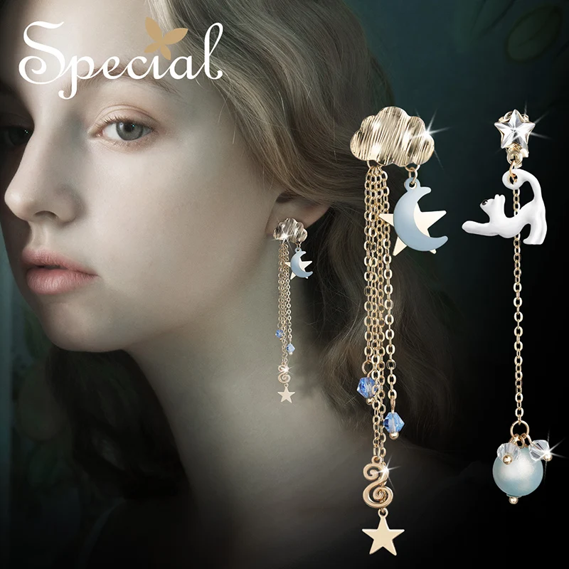 

SPECIAL European and American long fringe asymmetry S925 silver studs no hole in the ear clip female love cat model student