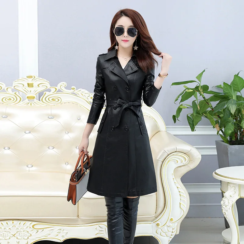 Женский Длинный тренчкот из искусственной кожи черная или красная куртка пальто
