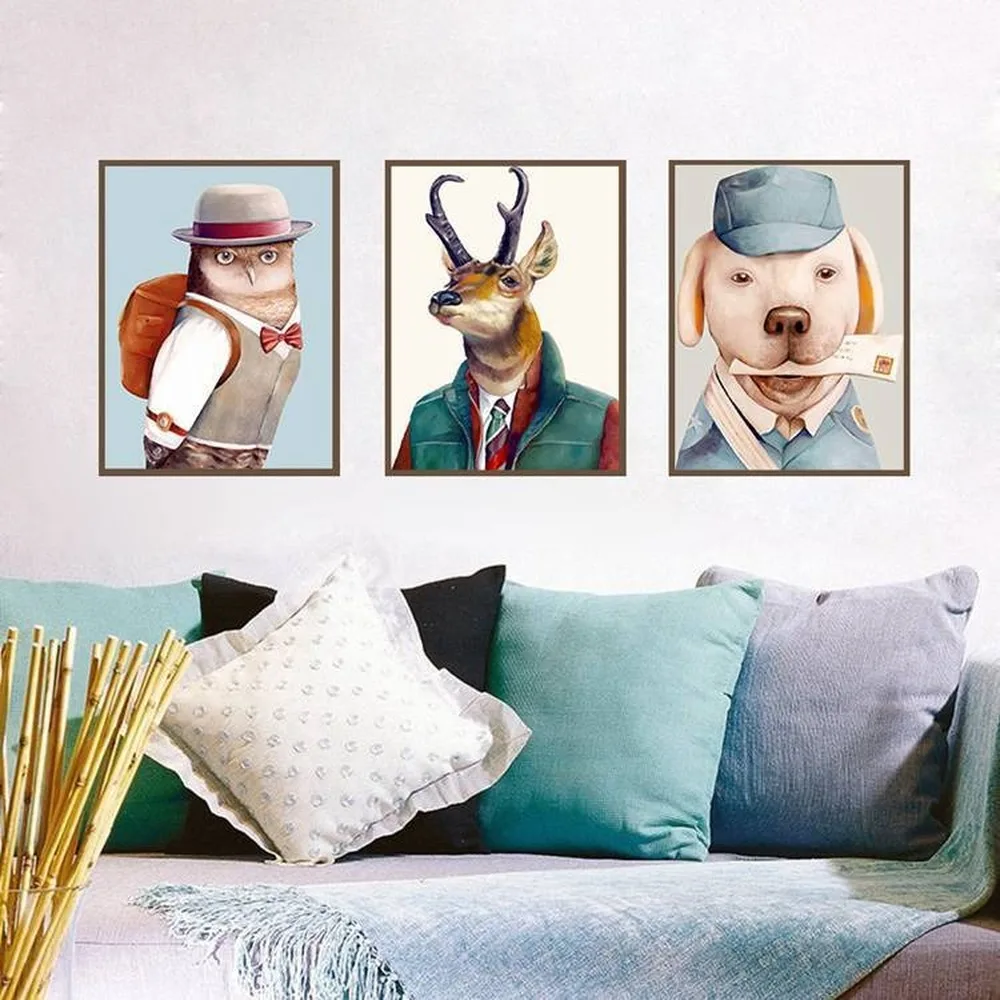 Ретро портрет животных холст живопись лиса ежик кошка собака лось хентлеман