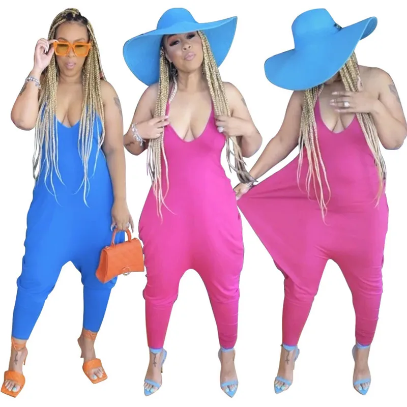 Комбинезон шаровары для бега с V образным вырезом Женский однотонный комбинезон