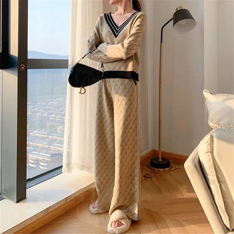 

Pop Knitted Letter Print Two Piece Set Women Double V-neck Pullover Sweater Tops + Wide Leg Pants Suits Female Autumn Winter