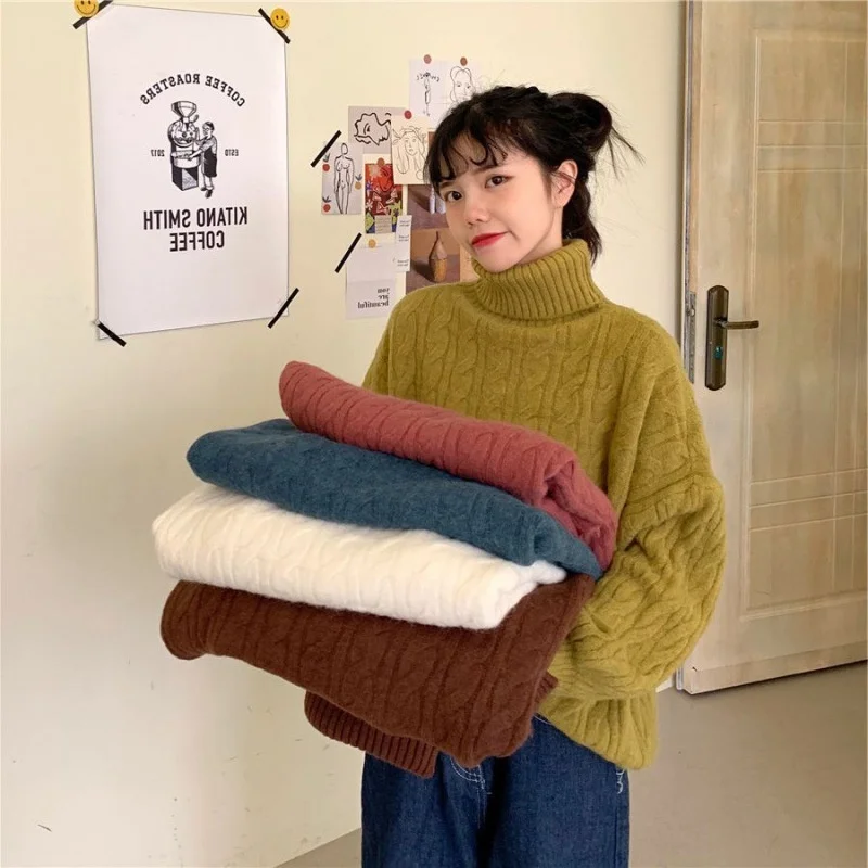 

Autumn winter women's 2021 new out wear Korean version thickened high collar twist loose lazy wind Pullover Sweater