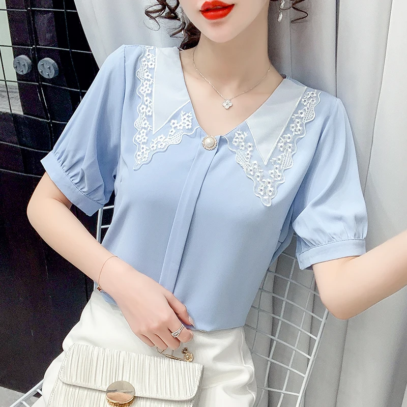 

Houthion Silk Slim Women's Blouses Fashion Short Sleeve Top Solid Color Lace Doll Collar Pullover Summer New Casual Blouse