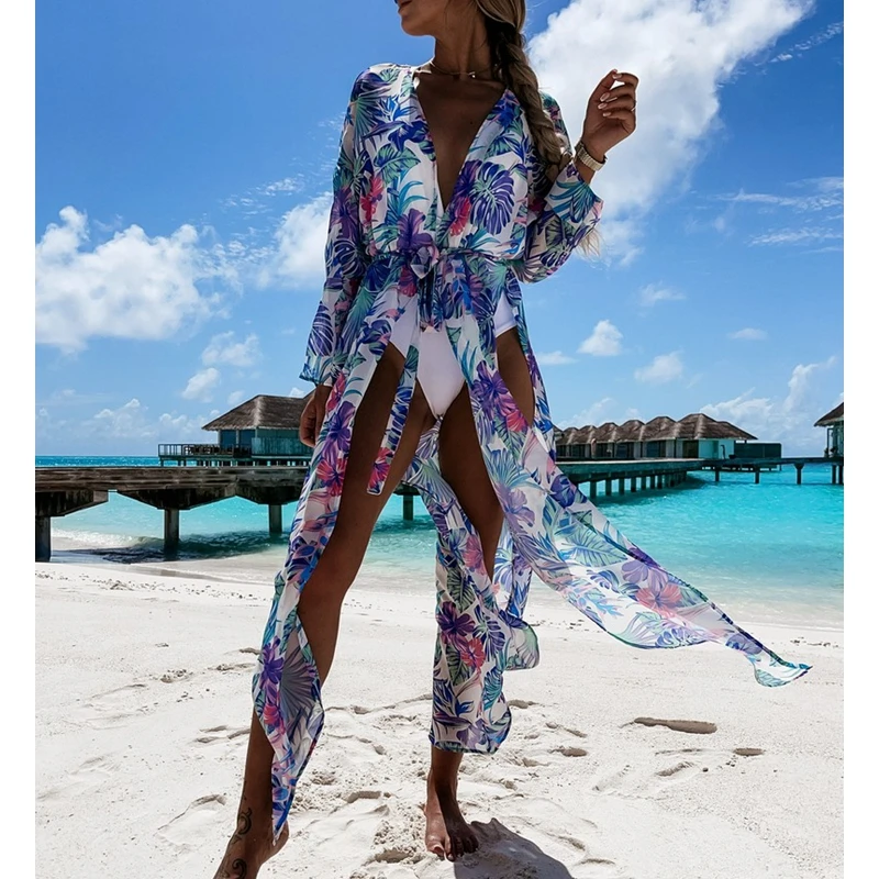 

Mandylandy Chiffon Dress Summer Fashion Long Sleeve V-neck See-through Split Dress Women's Sexy Printed Lace-up Beach Dress