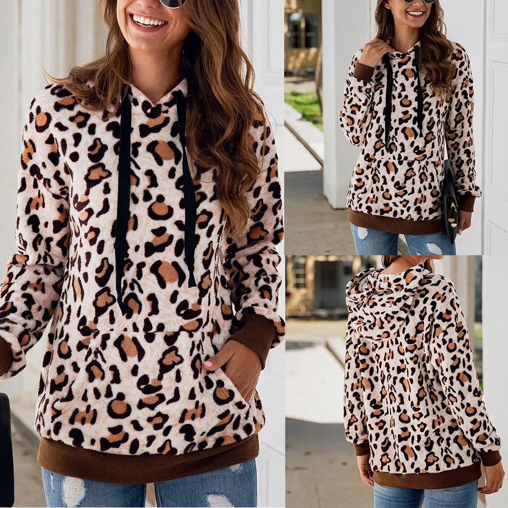 

Women Leopard Hoodie Women Hooded Plush Sweater Pockets Drawstring Tops New