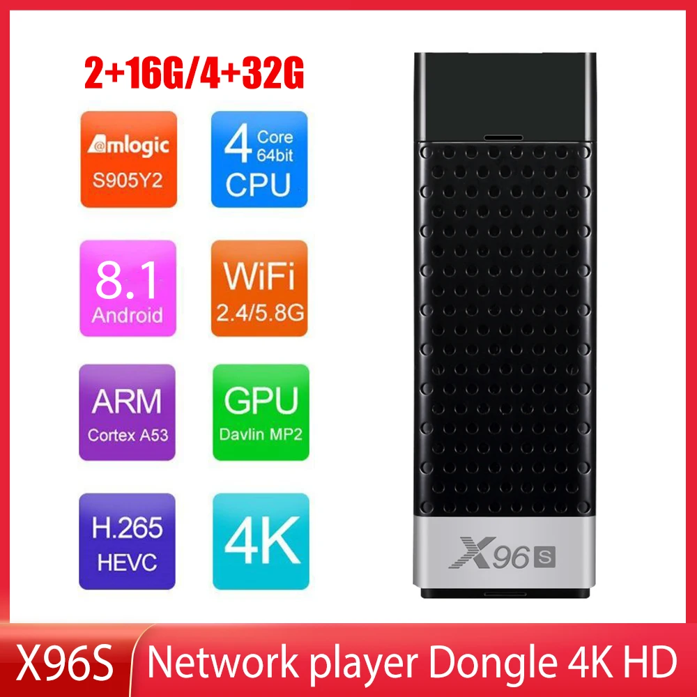 

X96S Android TV Stick 2GB/4GB RAM 16GB/32GB ROM 1080P 4K HDR Dual WiFi 2.4G/5G Bluetooth 4.2 Android 9.0 TV Box
