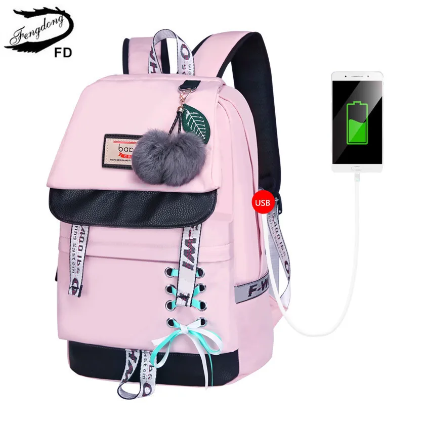 

Fengdong fashion black pink waterproof nylon school backpack for girls korean style backpack cute bowknot children school bags