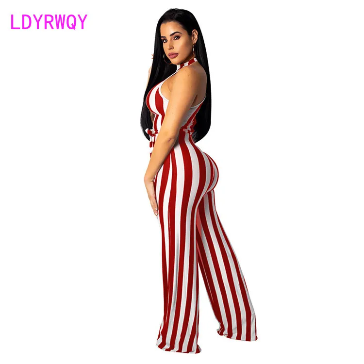 

2020 autumn and winter new sleeveless striped knitted sexy wrap chest zipper high waist jumpsuit Regular Casual