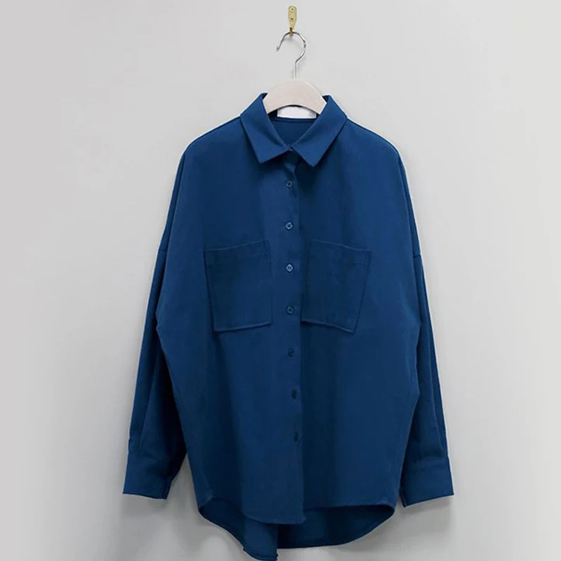 Новинка 2023 весенняя хлопковая женская блузка с двойными карманами и отложным