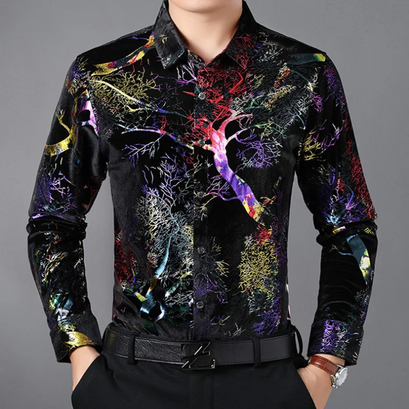 

Рубашка мужская бархатная с длинным рукавом, роскошная Повседневная блестящая рубашка под смокинг, с принтом, золотистого цвета