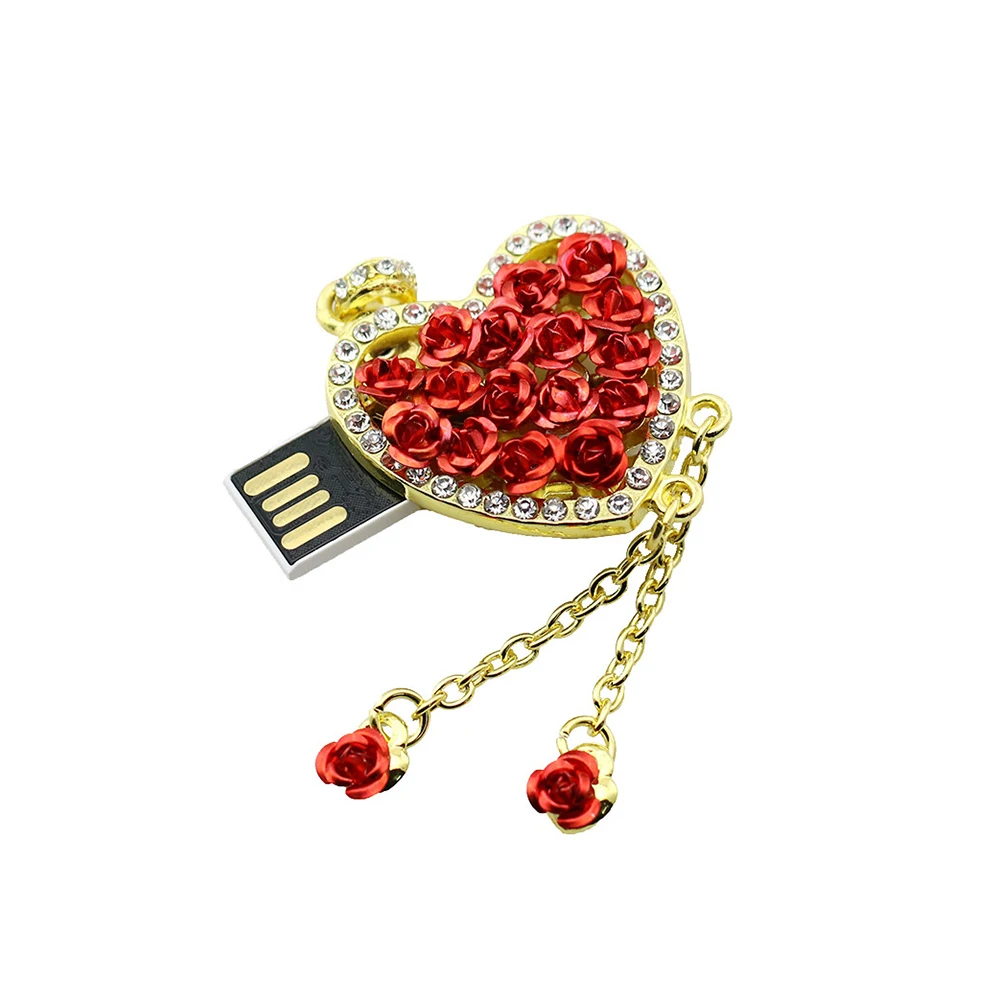 Металлический USB флеш накопитель с кристаллами любовь роза сердце 128 ГБ 8 16 32 64