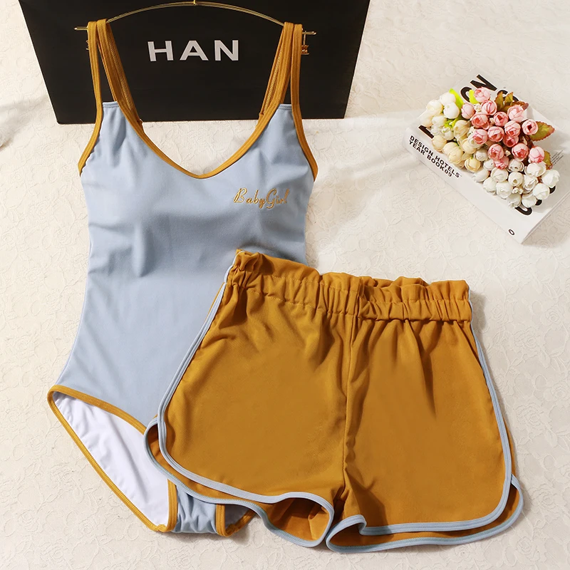 

New Women One Piece Swimsuit Retro Beachwear Swimwear Ladies Bathing Suit Female Bodysuit Monokini Swimming Suits with Shorts