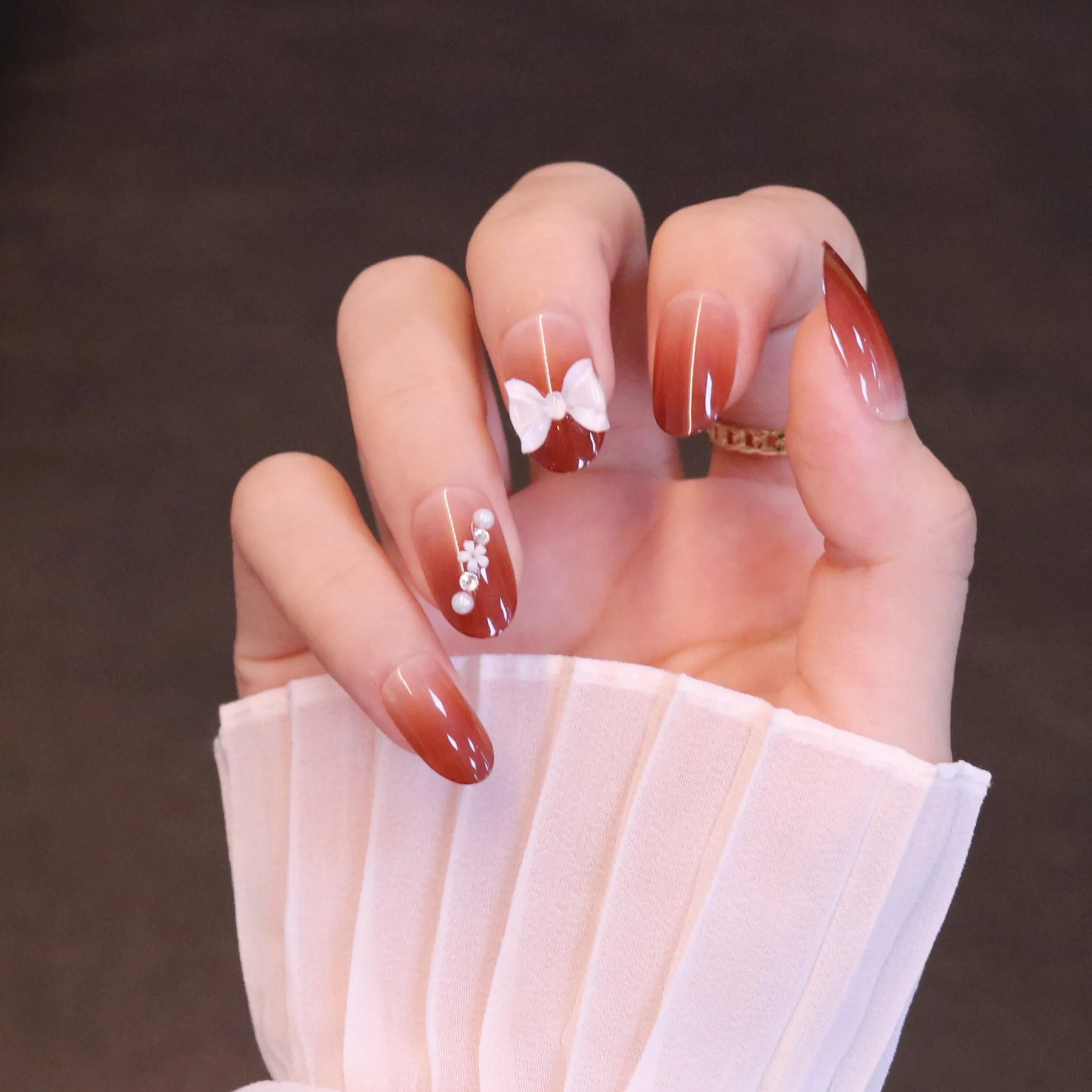

24pcs Red Gradients Wear Long Paragraph Fashion Manicure Patch False Nails Save Time Wearable Nail Patch NE
